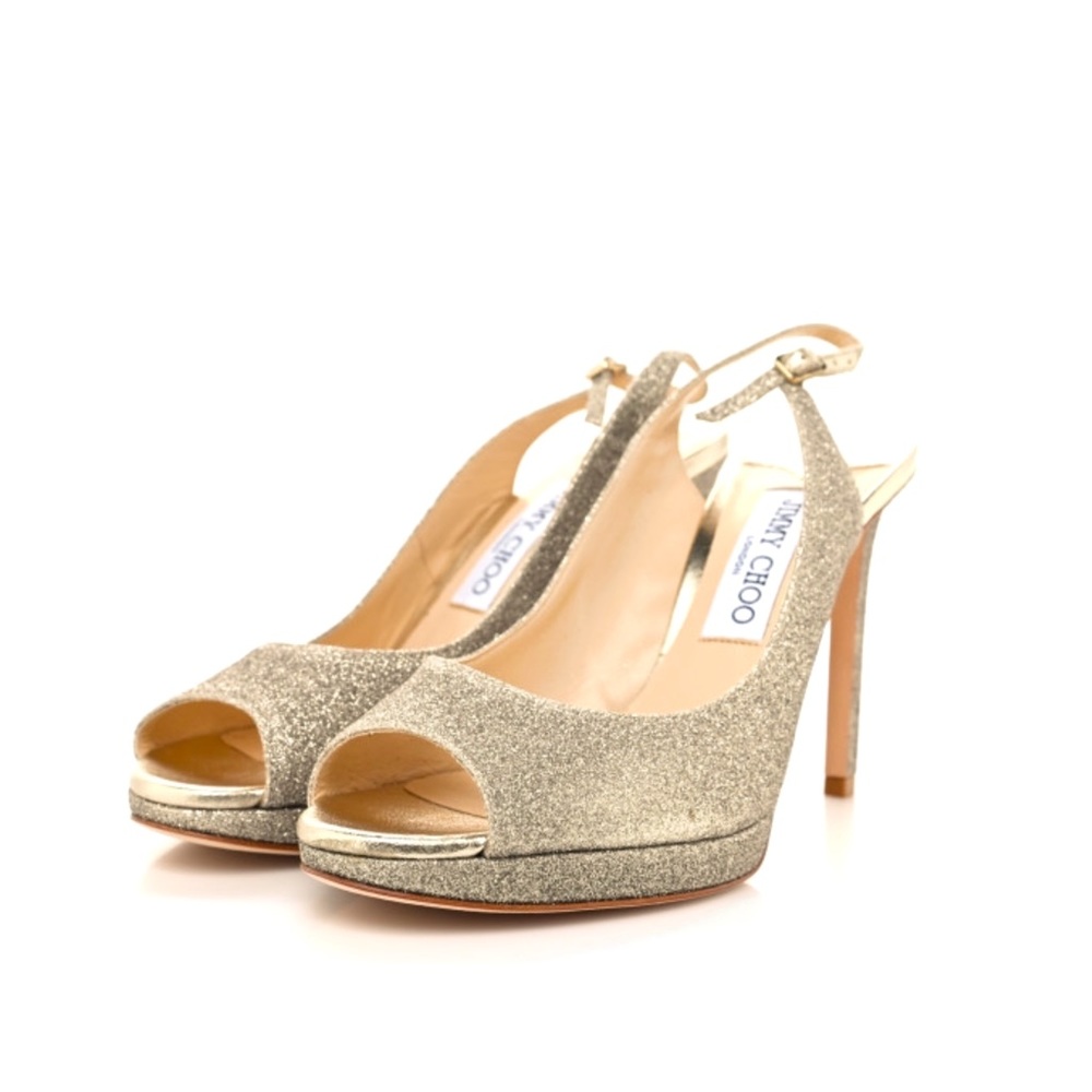 Jimmy Choo Nova 100 Silver/Metallic Sparkly Peep Toe Slingback Stilettos